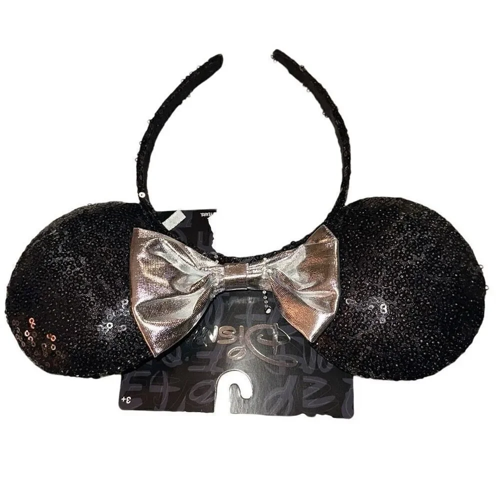 *NEW* Disney Minnie Mouse Ears Headband Black Sequined Silver Metallic Bow